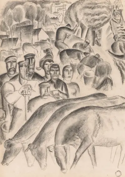 Betande kor, bönder och arbetare på fältet av Leo Gestel