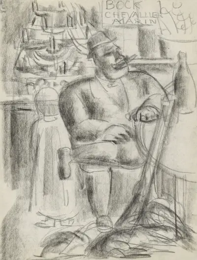 Jägare sittande vid kafébord, i svart krita av Leo Gestel