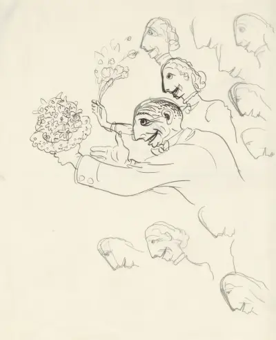 Karikatyrs av Leo Gestel och hans fru med blommor i handen av Leo Gestel