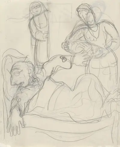 Karikaty av Leo Gestel på sin sjukbädd av Leo Gestel