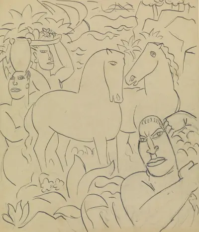 Landschap met inheemse vrouwen en paarden von Leo Gestel