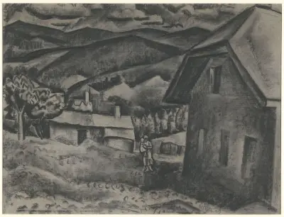 Landskap med kvinna och barn framför ett hus av Leo Gestel