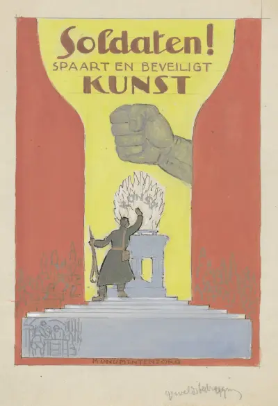 Design av affisch för propagandaskydd av konsten i armén av Leo Gestel