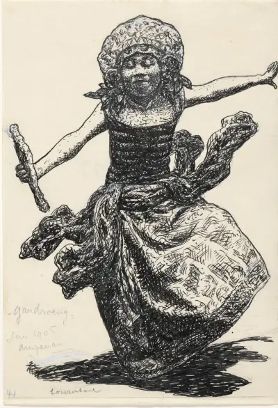 Bokillustration för Alexander Cohens Van Anarchie tot Monarchie; dansande indonesisk kvinna i Ampenan av Leo Gestel