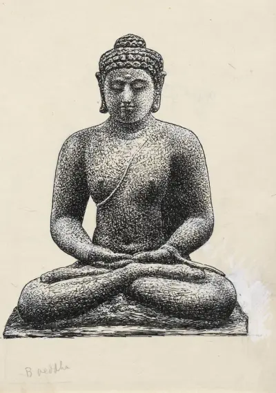 Ontwerp boekillustratie voor Alexander Cohen’s Van Anarchie tot Monarchie; Buddha op de Borobúdur te Java av Leo Gestel