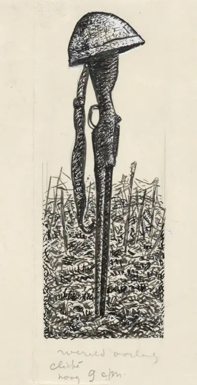 Ontwerp boekillustratie voor Alexander Cohen’s Van Anarchist tot Monarchist; helm op geweer av Leo Gestel