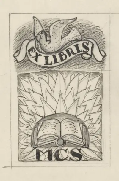 Exlibris för MCS, med en öppen bok och en duva av Leo Gestel