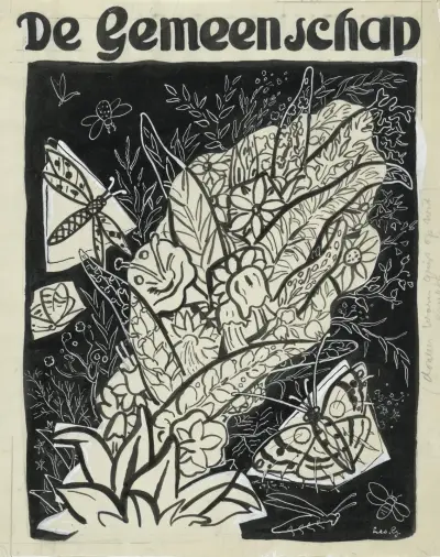 Design för omslaget till 'De Gemeenschap', med fjärilar som flyger runt löv och blommor av Leo Gestel