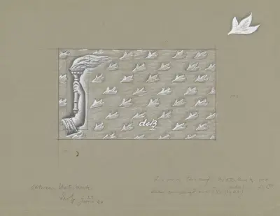 Design för vattenmärke till sedel; en hand med fackla, mot en bakgrund av löv av Leo Gestel