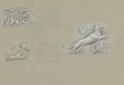 Ontwerpen voor een watermerk van een bankbiljet; hand met roos, roos, panter av Leo Gestel