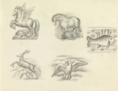 Förlagor till vattenmärke för sedel; fem motiv på ett blad: Pegasus, häst med föl, fisk, hjort och mås av Leo Gestel
