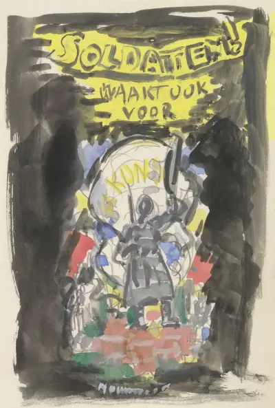 Ontwerpschets affiche voor propaganda kunstbescherming in het leger, schets van soldaat frontaal gezien staand op een bakstenen muurtje, erboven de tekst ‘Soldaten ! waakt ook voor Kunst’. av Leo Gestel