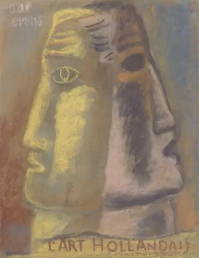 Ontwerpschets voor Paul Fierens ‘l’Art Hollandais contemporain’; twee mannen hoofden, en profil afgebeeld, van elkaar weg kijkend. av Leo Gestel