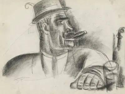 Porträtt av jägare, i profil, med hatt och cigarr i munnen av Leo Gestel