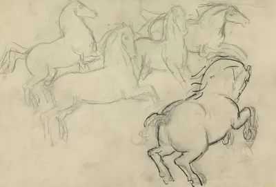 Skissblad med diverse häststudier av Leo Gestel