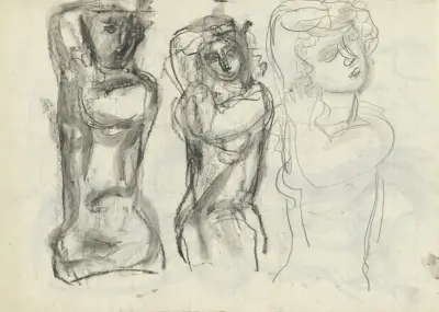 Studieblad med tre naketstudier av Leo Gestel