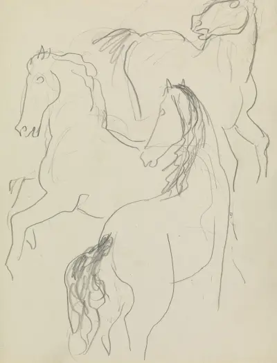 Skissblad med tre häststudier av Leo Gestel