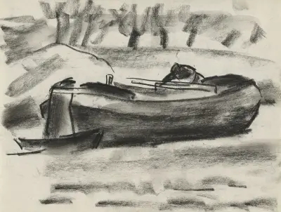 Skissblad med ett fartyg med en man ombord av Leo Gestel
