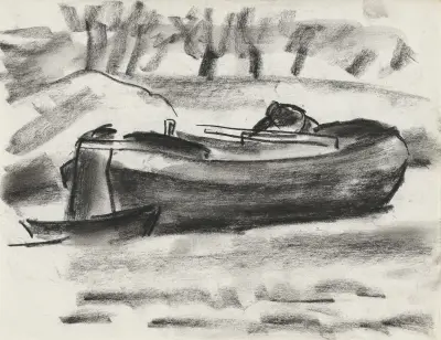 Schetsblad met een schip met een man aan boord av Leo Gestel