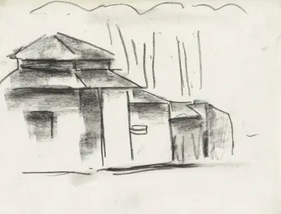 Skissblad med hus av Leo Gestel