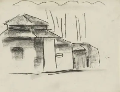 Skissblad med hus av Leo Gestel