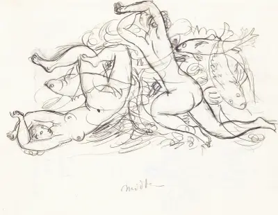 Skissblad med nakna simmande kvinnor och fiskar av Leo Gestel