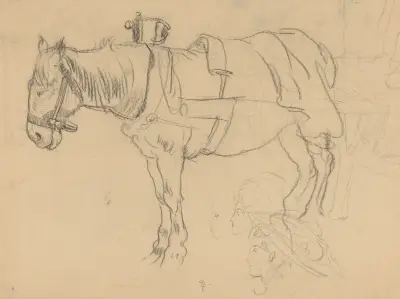 Skissblad med häst och vagn samt huvudstudier av Leo Gestel