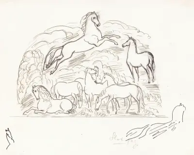 Teckningsblad med hästar av Leo Gestel