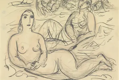 Skissblad med två nakna kvinnor vid vattnet av Leo Gestel