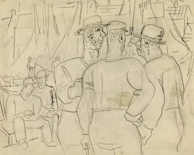 Skissblad med fiskare i en hamn av Leo Gestel