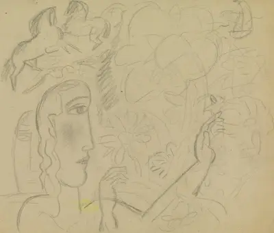 Schetsblad met vrouw, bloemen en twee paarden von Leo Gestel