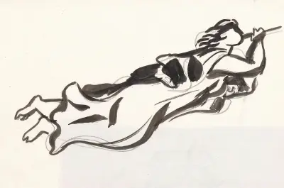 Skissblad med svävande kvinna med trumpet av Leo Gestel