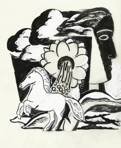 Stegrande häst, blomma och kopp (skiss) av Leo Gestel