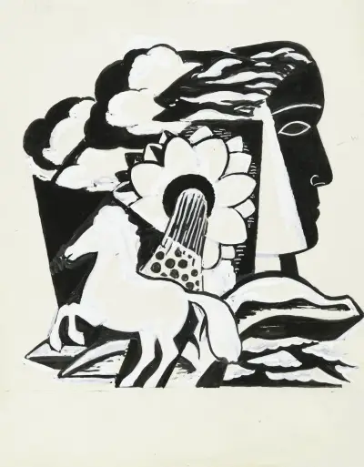 Stegrande häst, blomma och kopp av Leo Gestel
