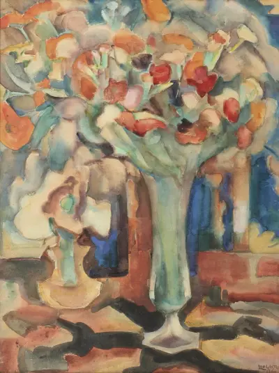 Stilleben med blommor i glasvas av Leo Gestel