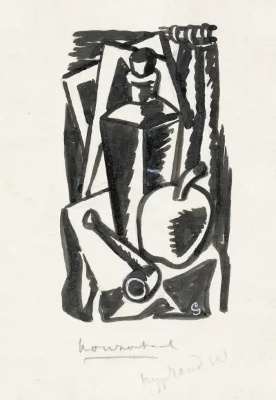 Stilleben med äpple, pipa och flaska av Leo Gestel
