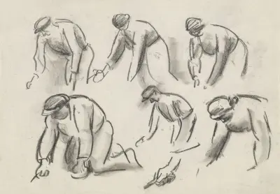 Studieblad med 6 skisser av knälående potatisplockare av Leo Gestel