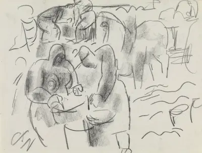 Studieblad med människor och en häst med vagn av Leo Gestel