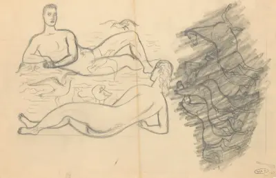 Studieblad med naken man och kvinna på stranden av Leo Gestel