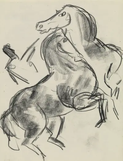 Studieblad med hästar och en person av Leo Gestel