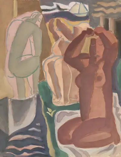 Två badande kvinnor och en ryggfigur av Leo Gestel