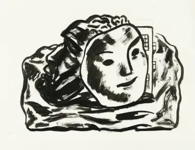 Två masker framför byggnad och klippor (skiss) av Leo Gestel