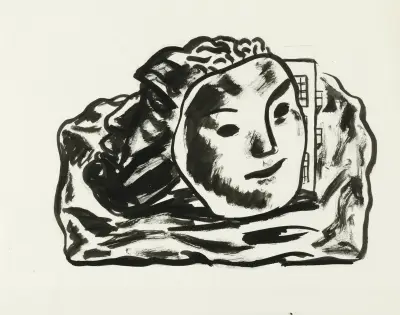 Två masker framför byggnad och klippor (skiss) av Leo Gestel