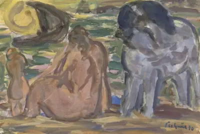 Twee naakte figuren en een paard aan de zee av Leo Gestel