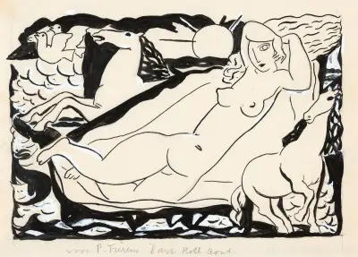 Venus vinjett för boken 'L'art Hollandais contemporain' av Paul Fierens; liggande naken med två hästar och två duvor av Leo Gestel