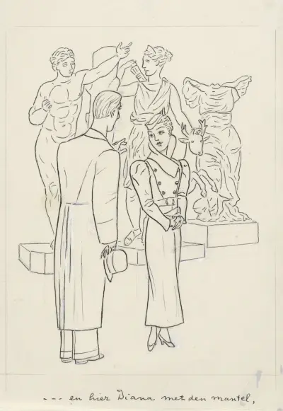 Kvinna och man framför några skulpturer av Leo Gestel