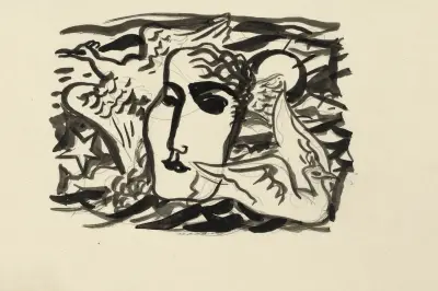 Kvinnohuvud och måsar med havet i bakgrunden av Leo Gestel