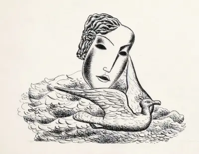 Kvinnohuvud med fågel (skiss) av Leo Gestel