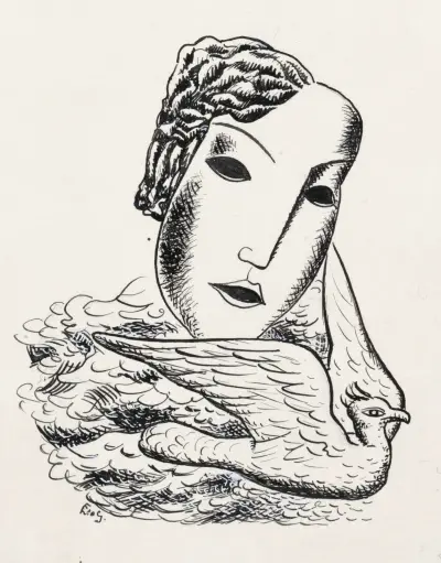 Kvinnohuvud med fågel (skiss) av Leo Gestel