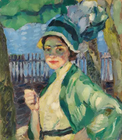 Porträtt av en dam under grönt parasoll (Frieda Blell) av Leo Putz